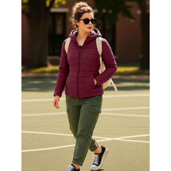 Women's Puffer Jacket Hood 32 Degree Quilted Winter Puff Foldable Jacket Red - Picture 3 of 7